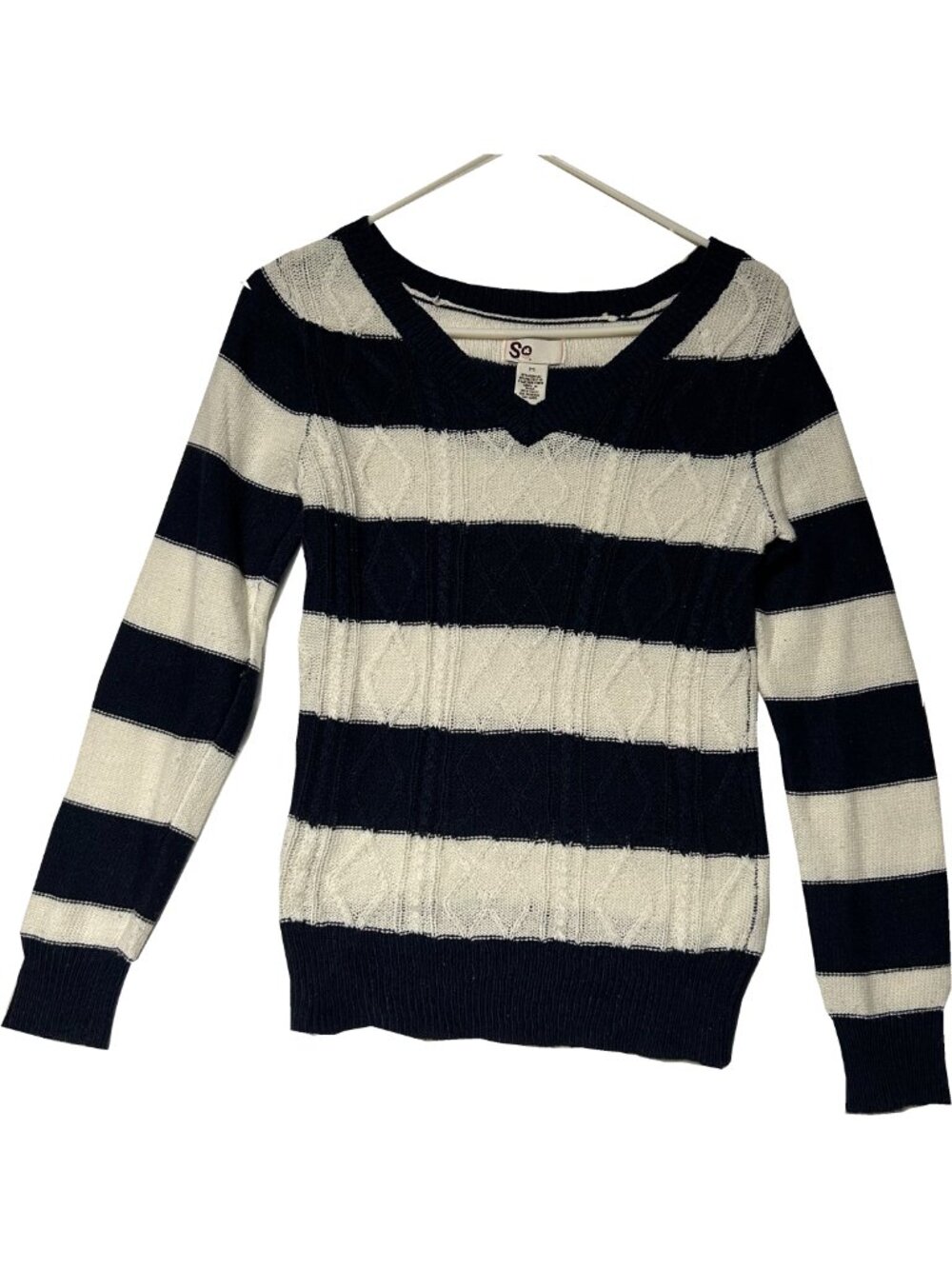 Women's So Brand Navy and White Stripe V-Neck Long-Sleeve Sweater